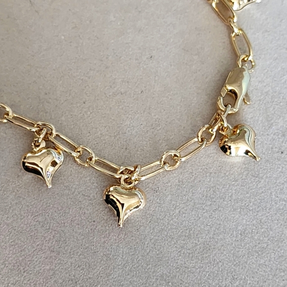 Gold Heart Bracelet with Turquoise Crystal Stones and Heart Charms - Picture 9 of 10